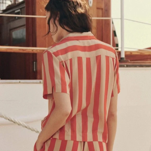 The Great. The Bowling Button Down Shirt Blouse In Sunset Stripe Orange Size 3 L - Picture 3 of 8